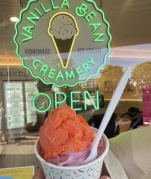 Blood orange sorbet on top of raspberry dole whip soft serve (great texture!)  at Vanilla Bean Creamery in Cranford