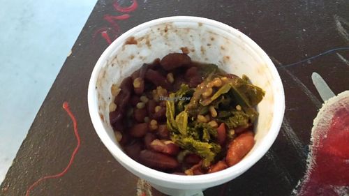 rice & beans, mixed in with the vegan veg/greens at Sweet Yams Organic Takeout in San Antonio