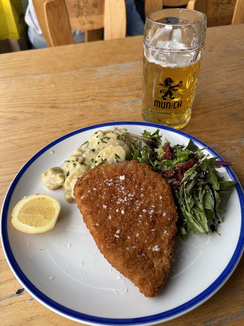 Vegan Schnitzel with potato saladd  at Munich Brauhaus in South Wharf