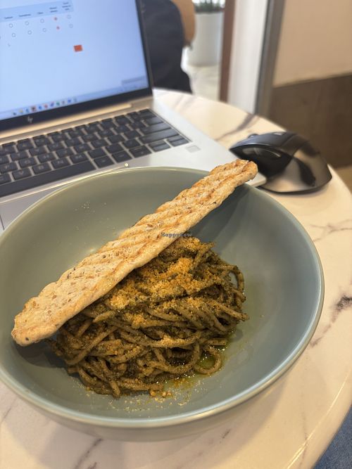 Moringa pesto pasta with vegan parmesan  at Tasty Habit by Surge in Makati