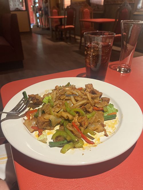Drunken noodles with tofu. House made thick wheat free noodles  at Mekvilai in Hickory