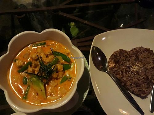 Curry with soy protein served with brown rice at Irie Bar and Restaurant in Koh Lanta