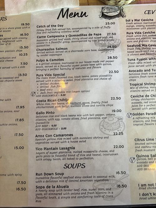 Menu as of May 2025  at Pura Vida Restaurant in Toronto