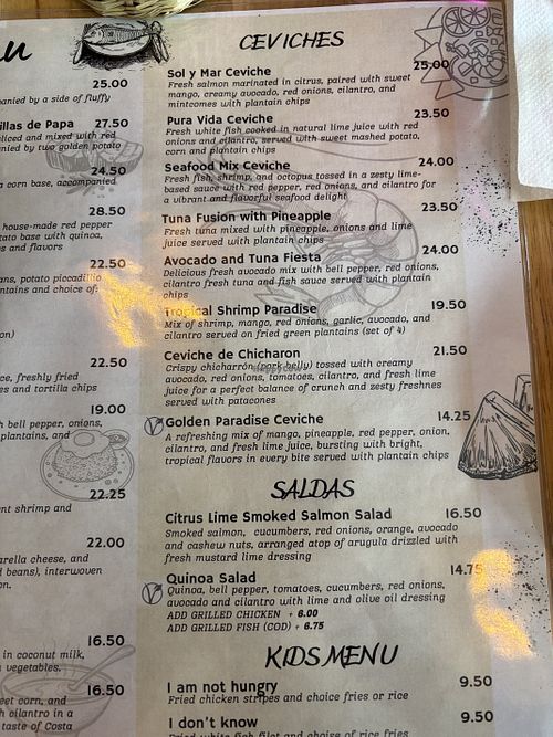 Menu as of May 2025  at Pura Vida Restaurant in Toronto