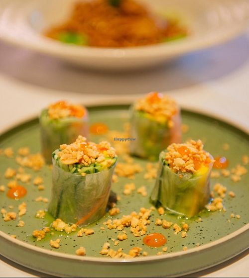 Saigon summer rice paper rolls - loaded w fresh veggies, creamy avocado, sweet mango, topped with roasted peanuts.  Sauce mango dip. at Star Leaf – Asian Restaurant & Bar in Pasadena