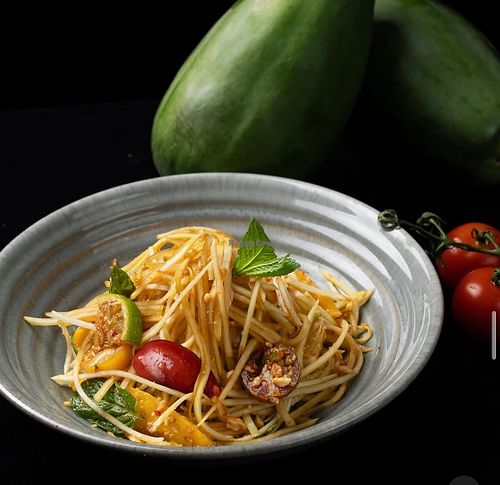 Spicy Thai Som Tum Salad - fresh crunchy, green papaya. at Star Leaf – Asian Restaurant & Bar in Pasadena