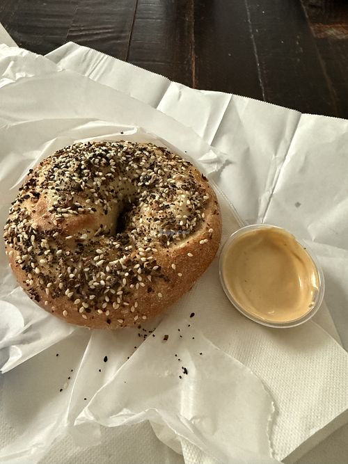 Vegan sausage egg and cheese stuffed bagel with vegan dipping sauce    at Moonrise Bagels in Kingston
