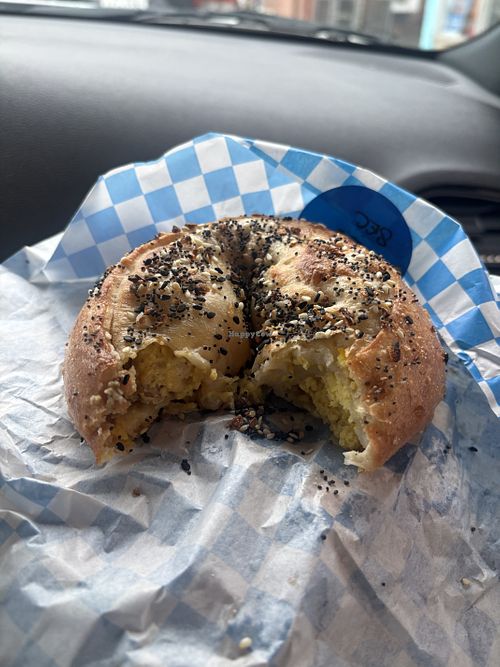 Vegan breakfast sandwich IN an everything bagel   at Moonrise Bagels in Kingston