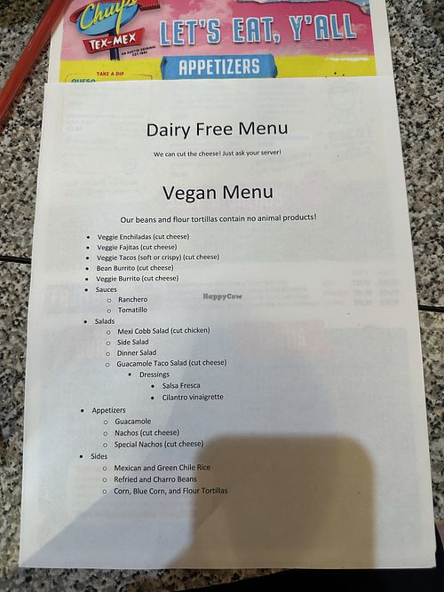 Vegan menu  at Chuy's  in Addison