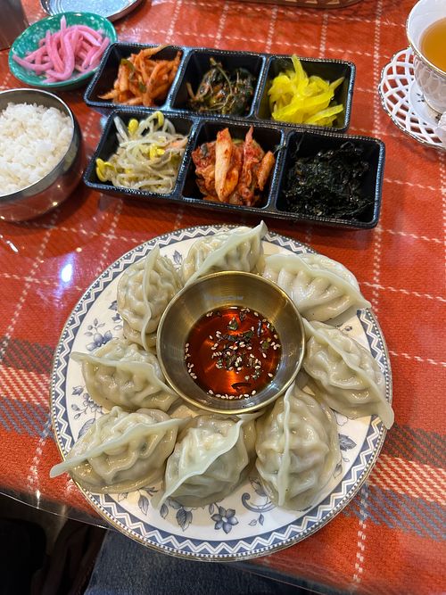 Vegan dumplings, Ginseng tea, rice and sides. at Cherry Garden in Seoul
