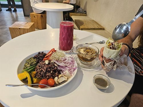 Rice bowl, burito, mushroom soup and smoothie at To Be Smoothie in Kaohsiung