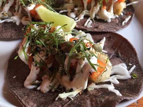 Tacos with hearts of palm, pineapple kimchi and lime crema at Smith & Daughters in Collingwood