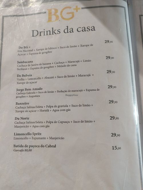 Drinks menu (selection) at BG+ in Rio De Janeiro