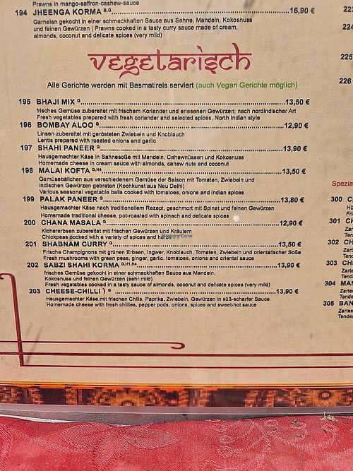 Menu at Taj Mahal in Crailsheim