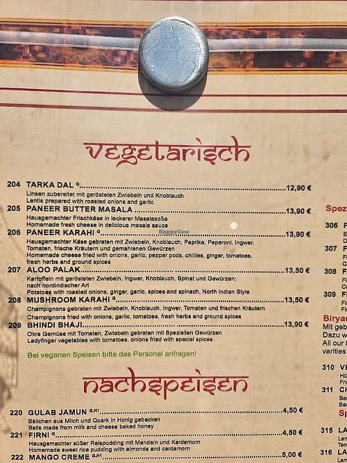 Menu at Taj Mahal in Crailsheim