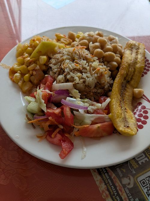 Garbanzos, corn, rice, plantain, salad at Salud y Vida in Sogamoso