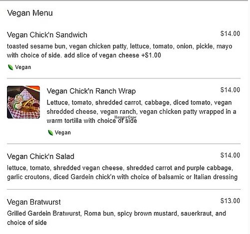 Vegan menu at Gambal's Social Club in Kansas City