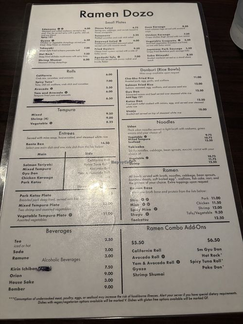 Menu  at Ramen Dozo in Tempe