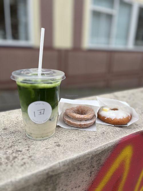 Iced oat milk matcha (€?), old fashioned powdered sugar donut (€?), lemon donut (€4,95)  at Tamari Ya Rice Donut - 田万里家 in Hiroshima
