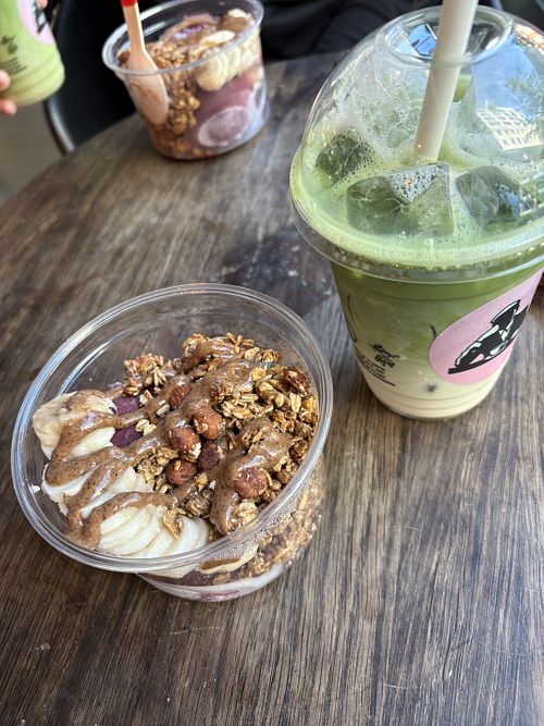 Açaí bowl and oat matcha   at Joe & The Juice in Aalborg