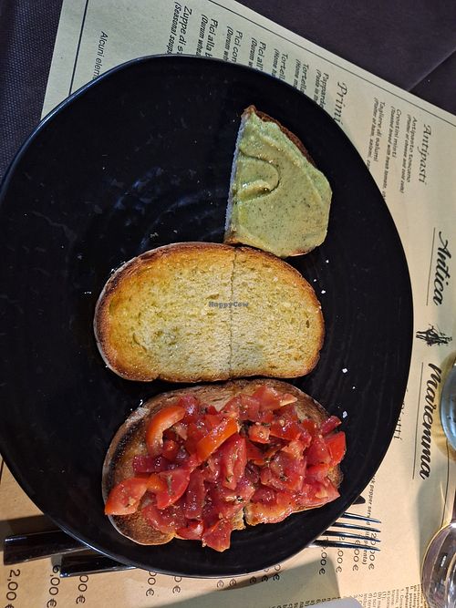 Veganised crostini (like bruschetta) at Trattoria Antica Maremma in Ferrara