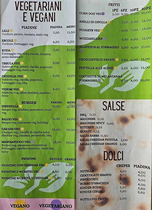 Vegetarian and vegan menu at Piadineria Da Sabba in Ferrara
