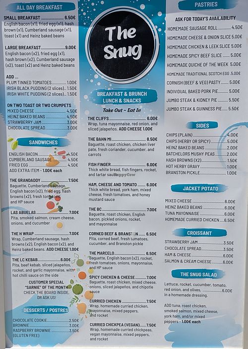 Menu at The Snug in Mojacar