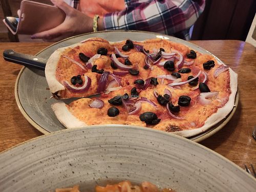 Vegan pizza base with olives & onions at Rosato's Bar & Restaurant in Moville