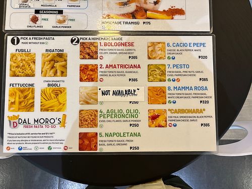 Menu  at Dal Moro's Fresh Pasta to Go in Makati