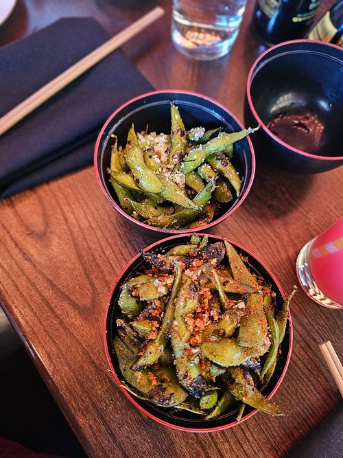 Charred Edamame - spicy with garlic & sea salt at Blue Sushi Sake Grill in Surprise
