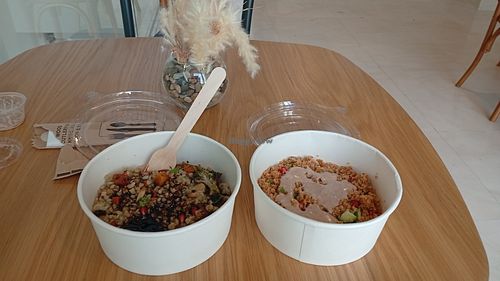 Vegan Freekah and Vegan Bulgur salads. Very good. ☺️ at Blended Cafe - LAS Building in Doha
