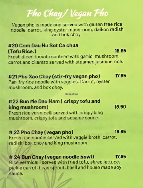 Vegan options portion of the menu at NAM'S PHO in Annapolis