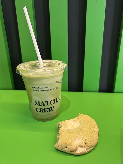 Vegan matcha cookie and creamy pistachio matcha latte with oat milk   at Matcha Crew in Barcelona