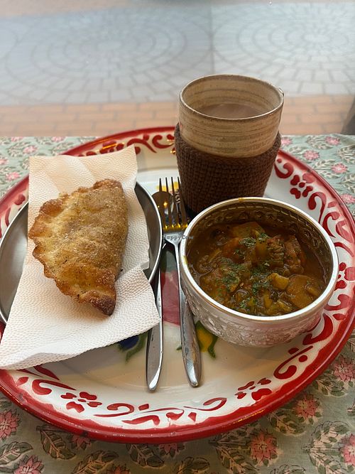 I got the masala chai, a samosa and some curry.  at Myeongju Sanghoe in Gangneung