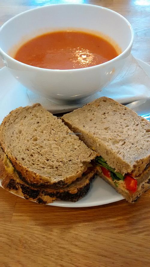 Red pepper soup with harissa, and a houmous and ted pepper sandwich. Tasty. at Meadowlark No. 39 in Edinburgh