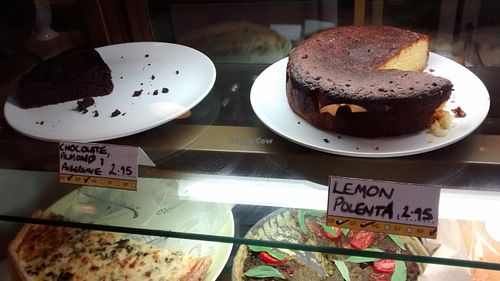 Chocolate, almond and aubergine cake. And a lemon polenta cake, both vegan. at Meadowlark No. 39 in Edinburgh
