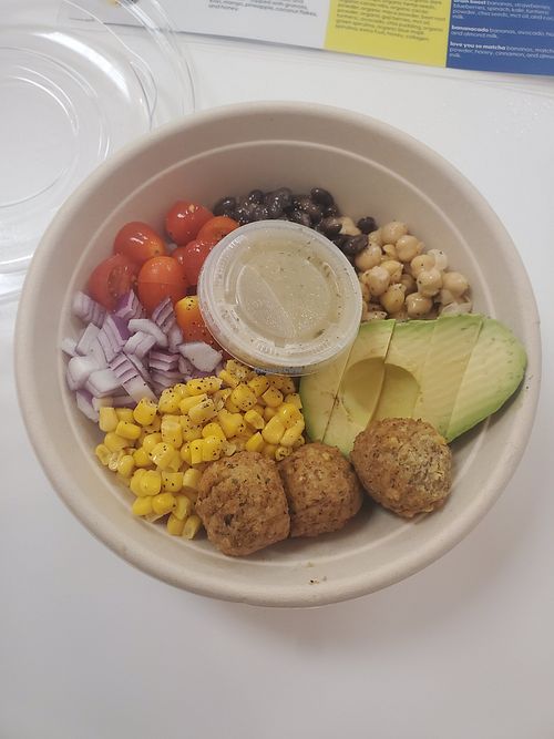 cauliflower rice, falafel, avocado, tomato, corn, black beans, onion, and cilantro lime vinaigrette. at Goodness Bowls  in Collegeville