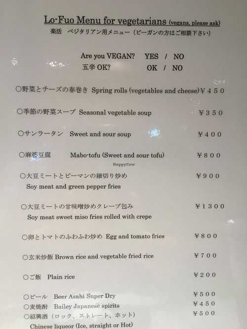 Menu for vegetarians  at Lo Fuo in Osaka
