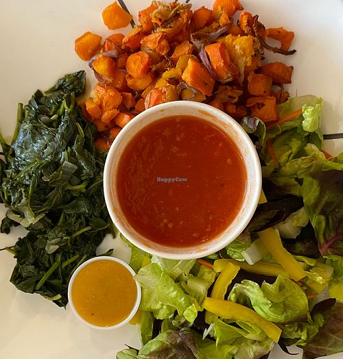 Gerson style, stewed spinach, roasted roots, tomato soup and a green salad with Italian dressing. at Ian and Angela in Sedona