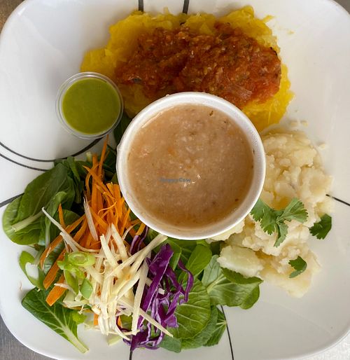 Spaghetti Squash with Marinara, Baby Bok Choy salad with Green Goodness dressing, classic mash potato and Hypocrites soup. at Ian and Angela in Sedona