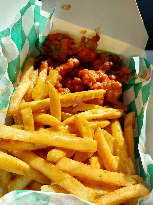 buffalo wings & fries with cheese sauce at Dirty Vegan Shack in St Louis