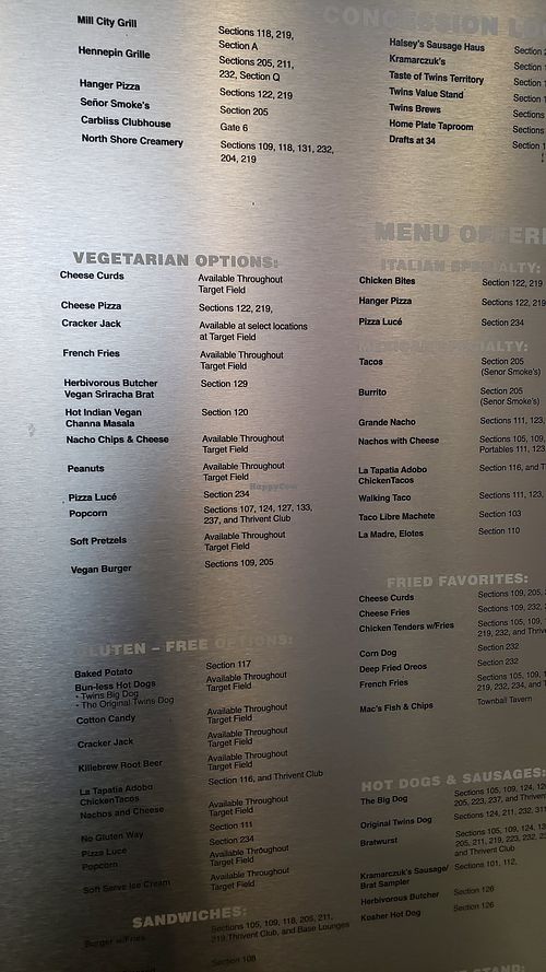 September 2026: vegan options include Herbivorous Butcher vegan brat, Hot Indian channa bowl, vegan burger, and vegan cheese pizza at Pizza Luce at Target Field in Minneapolis