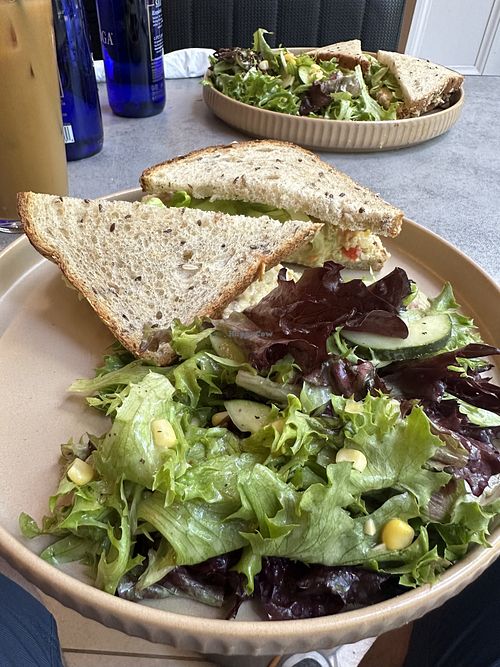 The chickpea salad sandwich. We triple checked, they’re using a vegan mayo for this and it’s clearly labeled as vegan on their menu.  at Madis Coffee in Philadelphia
