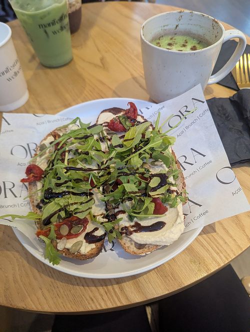 Mediterranean Muse toastie and a salted maple matcha! at ORA Wellness Cafe in Norwich