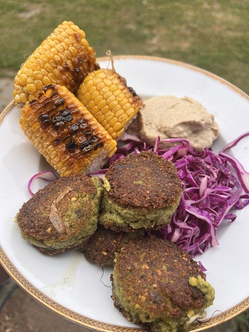 100% vegan meal today - fresh fresh fresh homemade hummus and falafel, with home grown herbs. Cabbage with a milk free dressing with mustard, agave and lemon  at Højriisgaard in Femoe