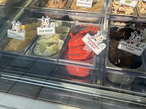Mango, lime, strawberry, and dark chocolate sorbet  at Milkato Gelateria in Naxos
