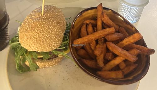 Vegan rathmines burger and sweet potato fries   at BóBós Burgers Restaurant in Dublin