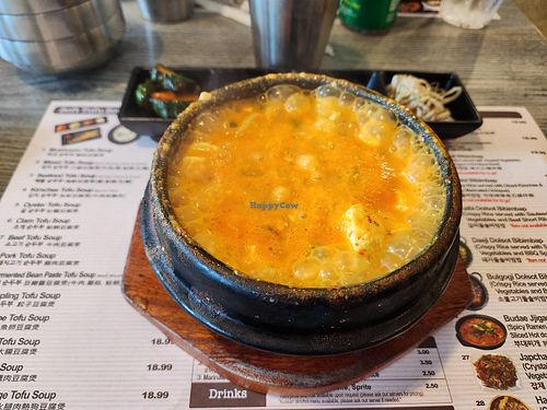 Piping hot dumpling tofu soup (make it vegan), customizable level of spiciness. at Cho Dang Tofu in Bellevue