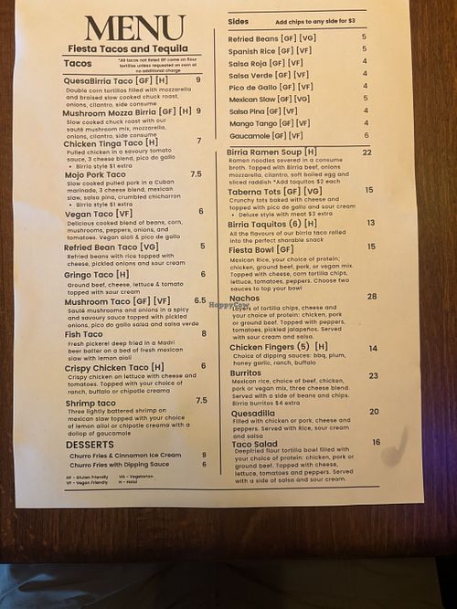 Menu  at Fiesta Tacos & Tequila in Saskatoon