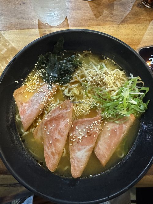 Vegan ramen with vegan ham  at Dadabi in Alajuela